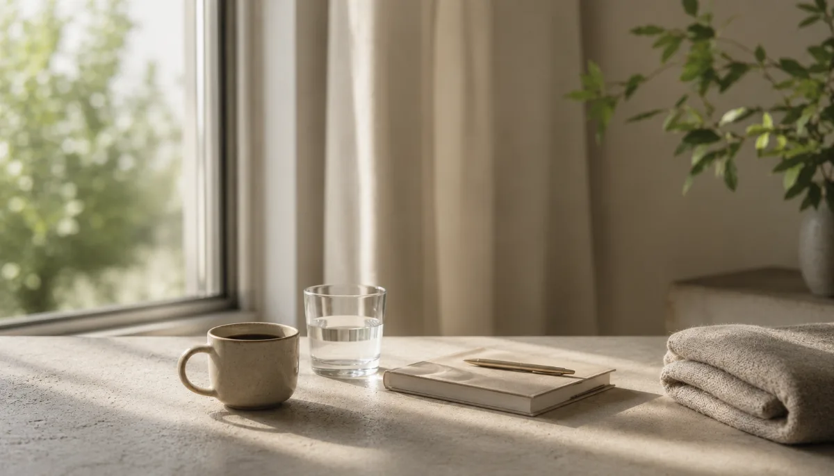 Bright morning scene with coffee and a notebook by a window