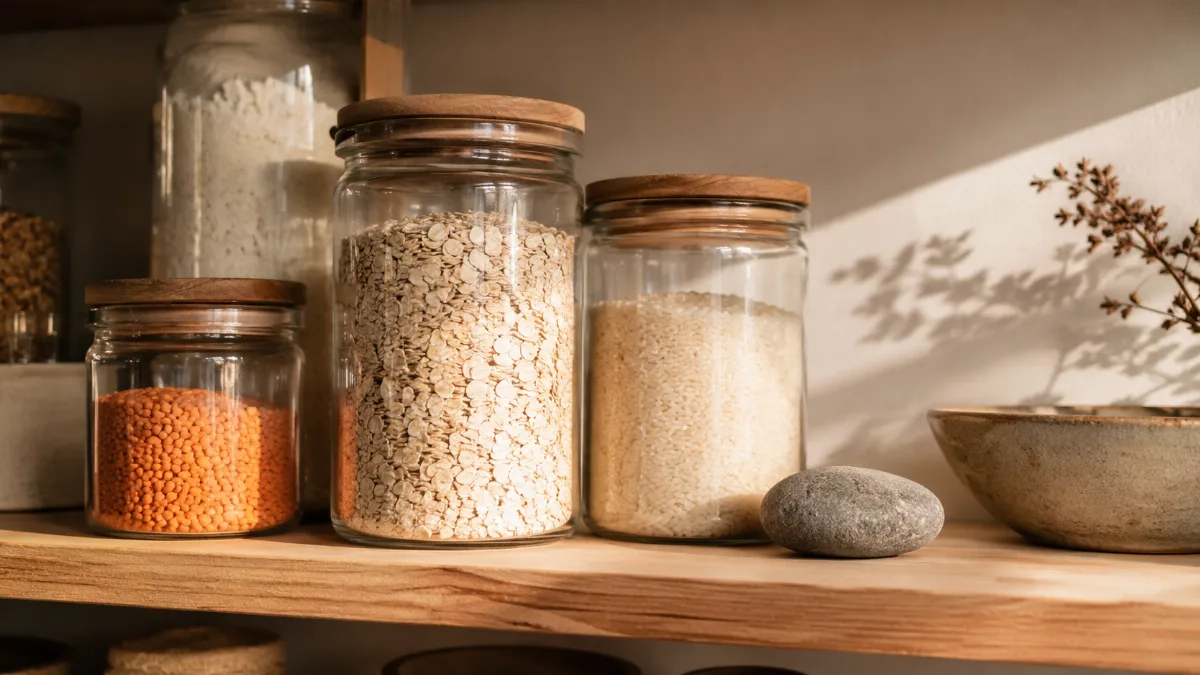 Minimalist pantry shelf with glass jars of staples