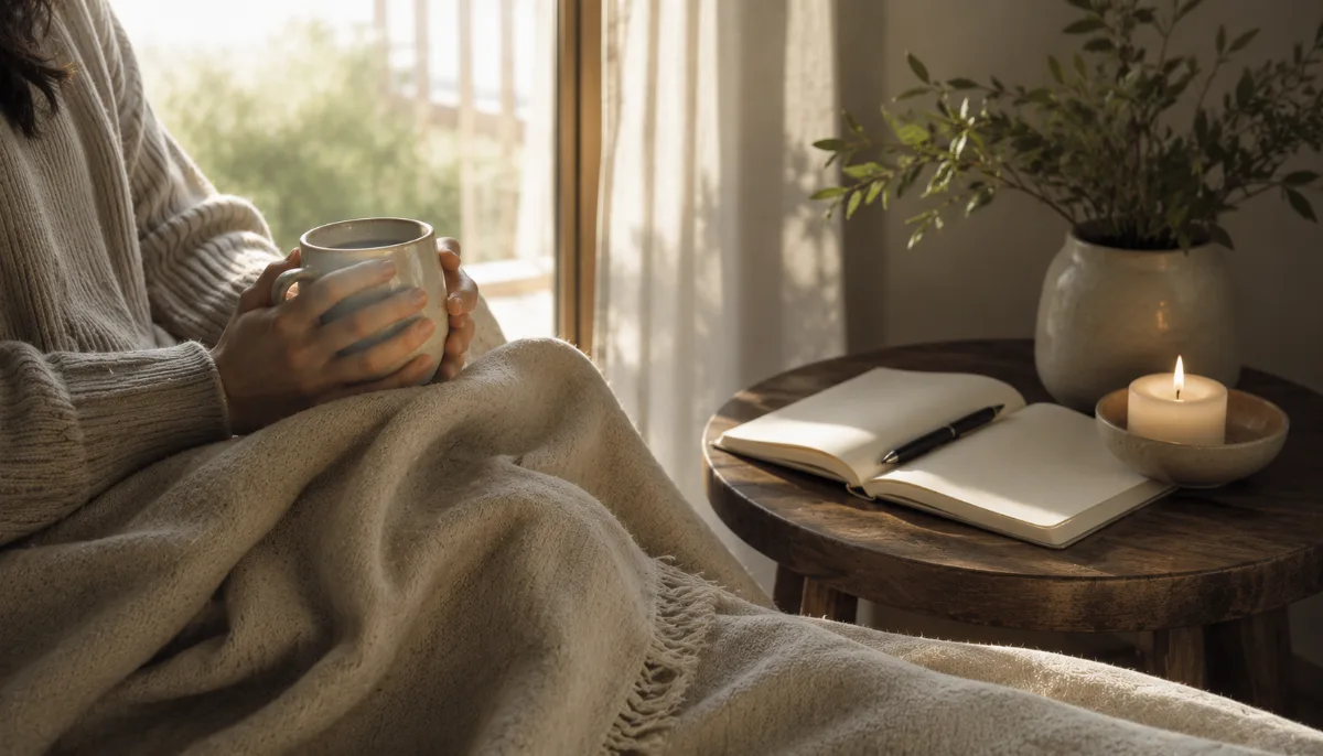 Calm evening corner with a blanket and low light