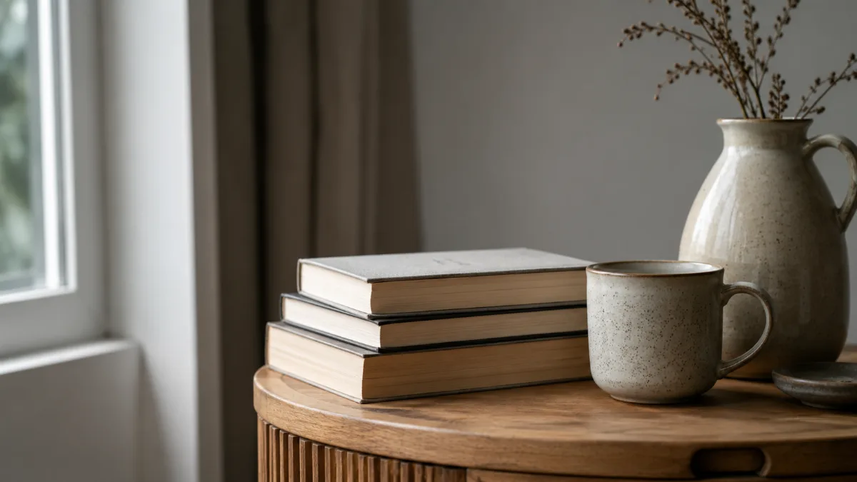 Small stack of books beside a mug on a wooden side table