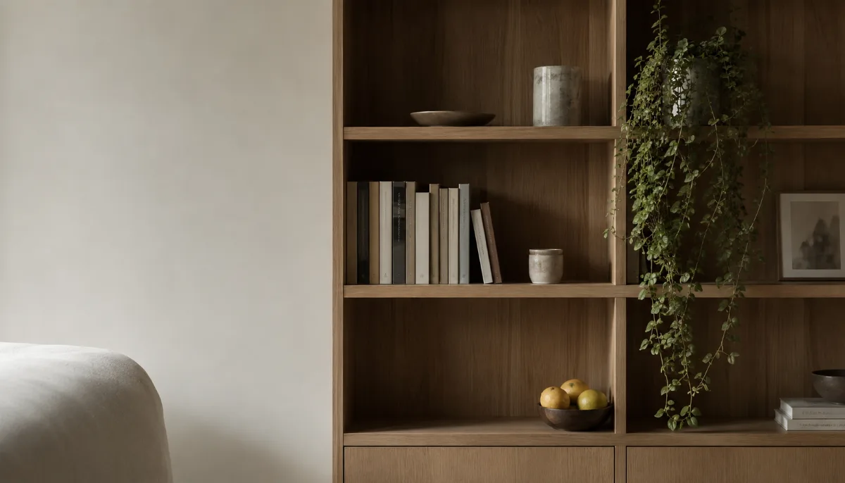 Tidy bookshelf with a few spines and a trailing plant