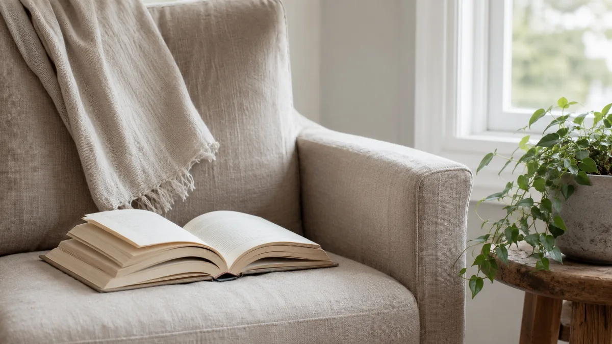 Open book resting on a linen armchair by a window