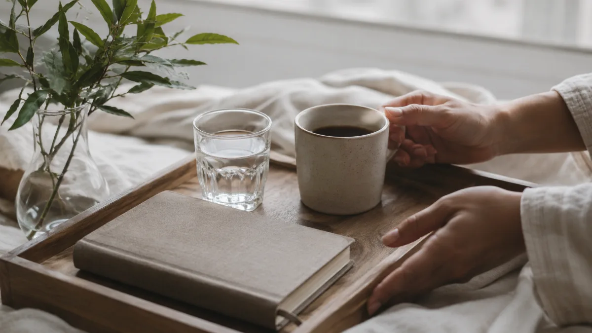 Simple morning tray with coffee, water and a small journal