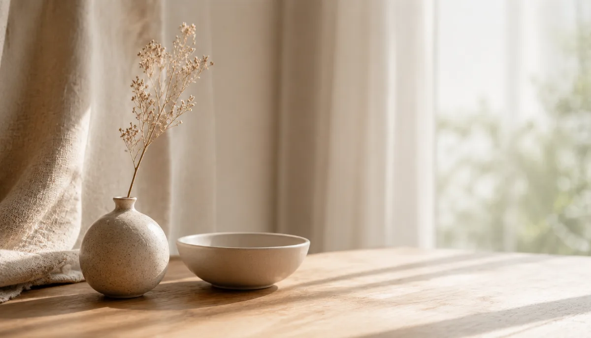 Calm minimalist interior with natural light and a few simple objects