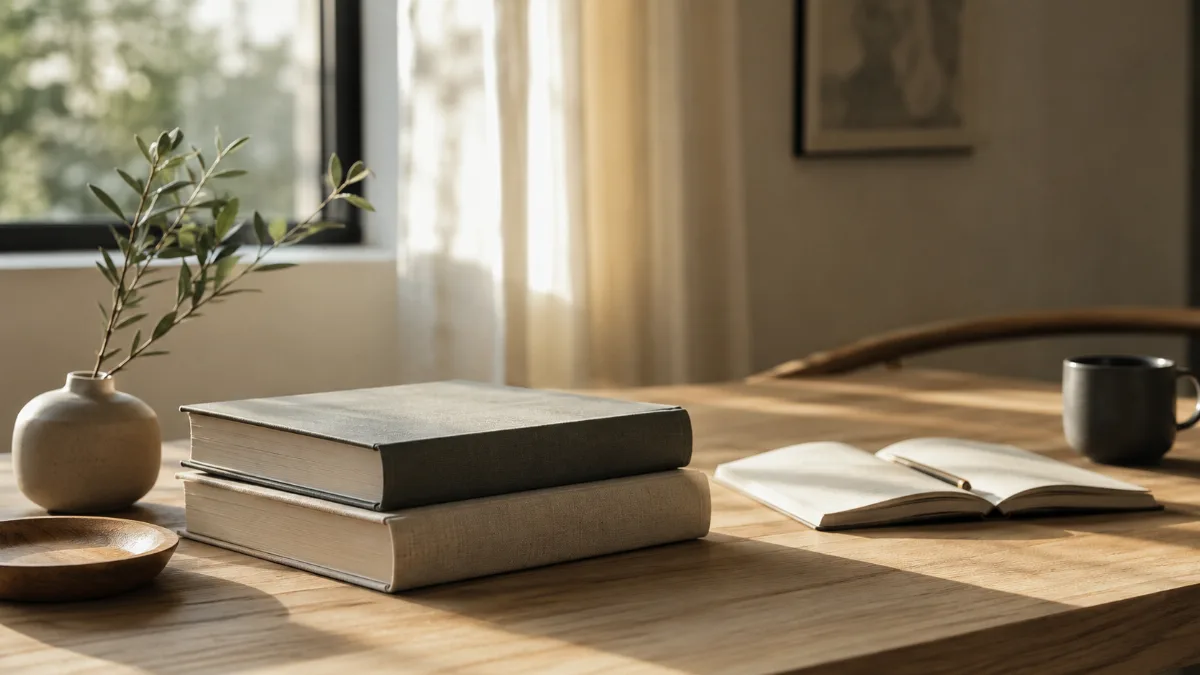 Uncluttered writing desk bathed in soft daylight
