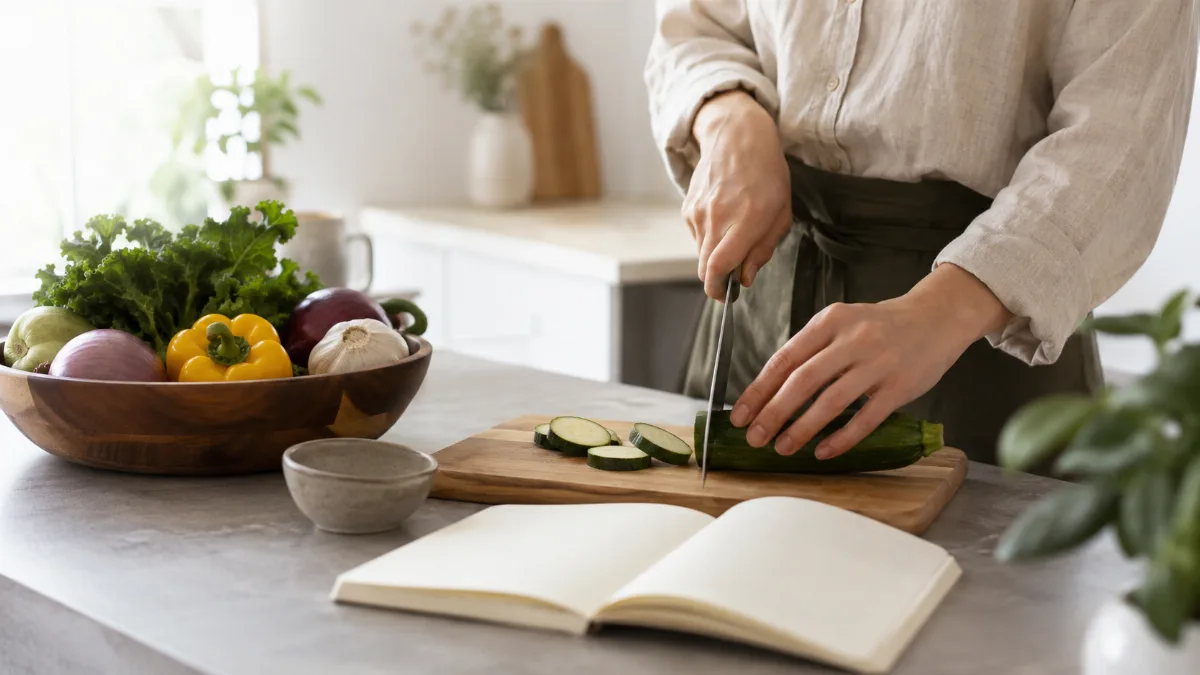 Wooden bowl of vegetables beside a chopping board