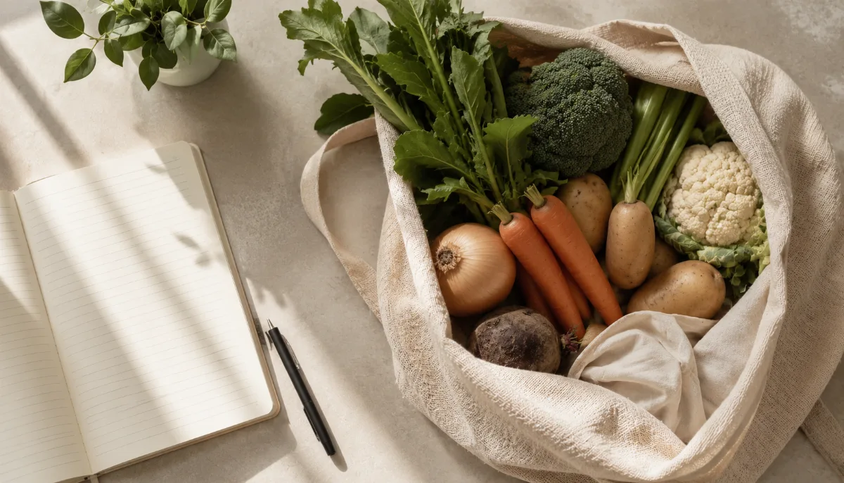 Cloth produce bag of vegetables in soft light