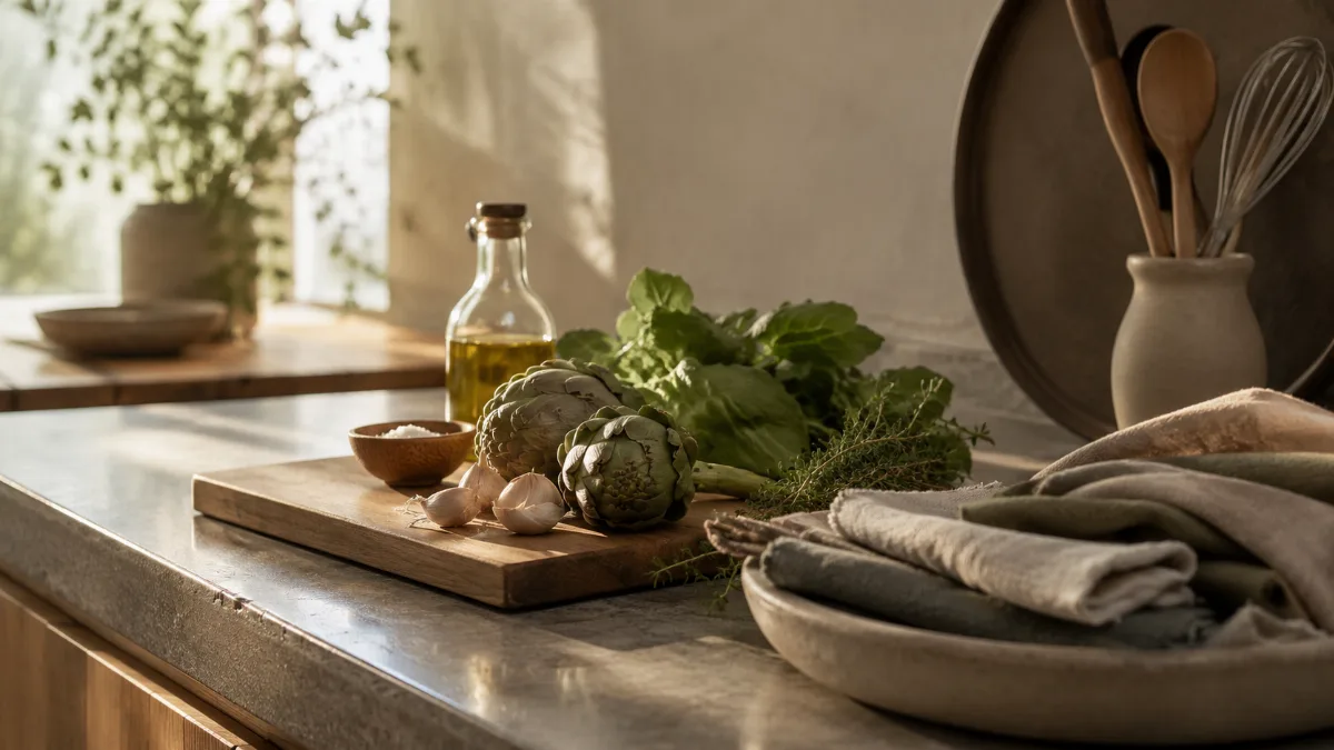 Calm kitchen counter with fresh simple ingredients on a wooden board