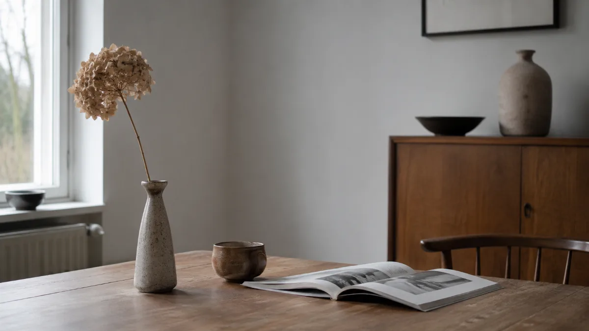 Calm minimalist interior with natural light and a few simple objects