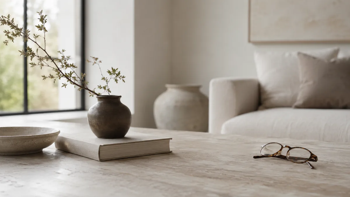 Serene styled vignette with neutral tones and soft daylight