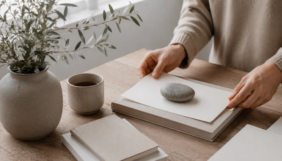Serene styled vignette with neutral tones and soft daylight