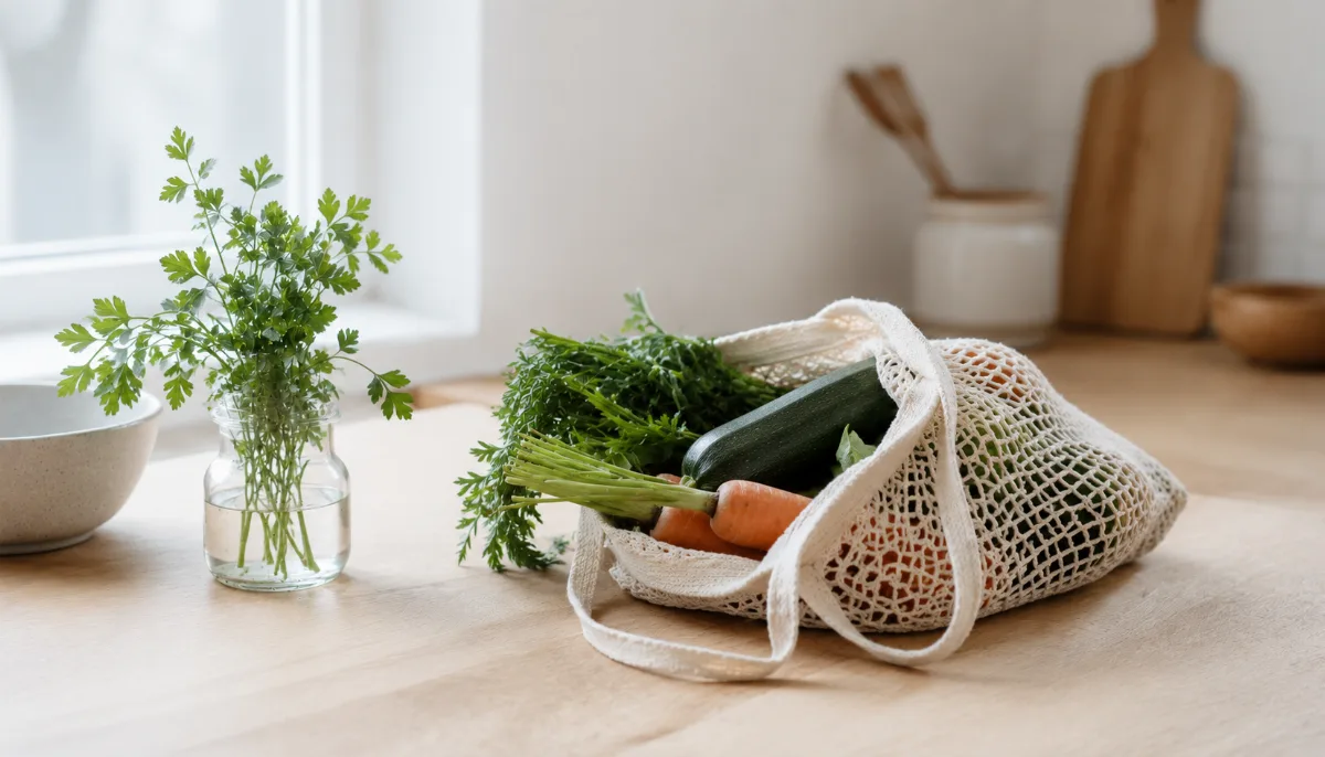 Cloth produce bag of vegetables on a wooden kitchen counter