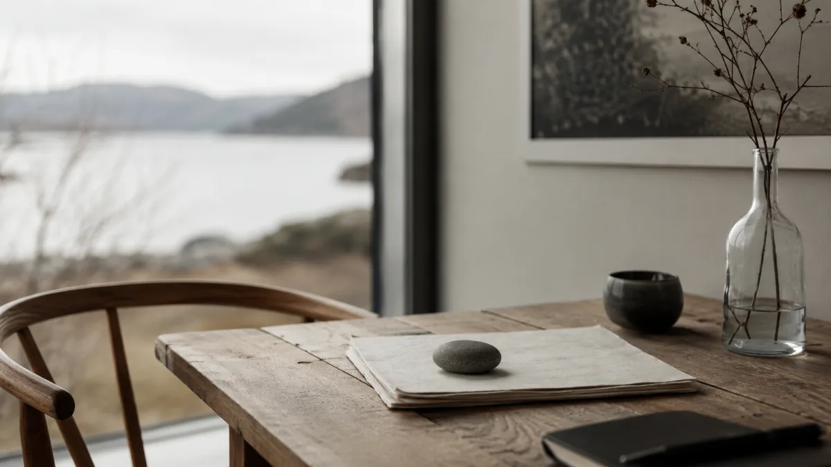 Calm minimalist interior with natural light and a few simple objects