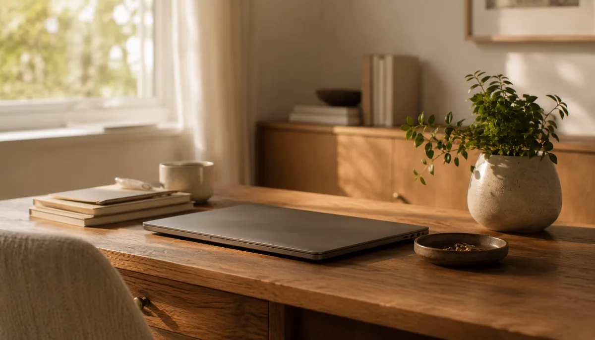 Tidy home-office corner with a laptop closed and a small plant