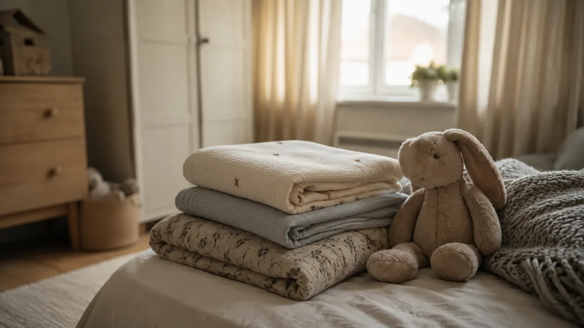 Simple child's room with folded blankets and a soft toy