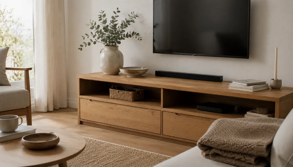Tidy media console with charging cables tucked into a small woven basket