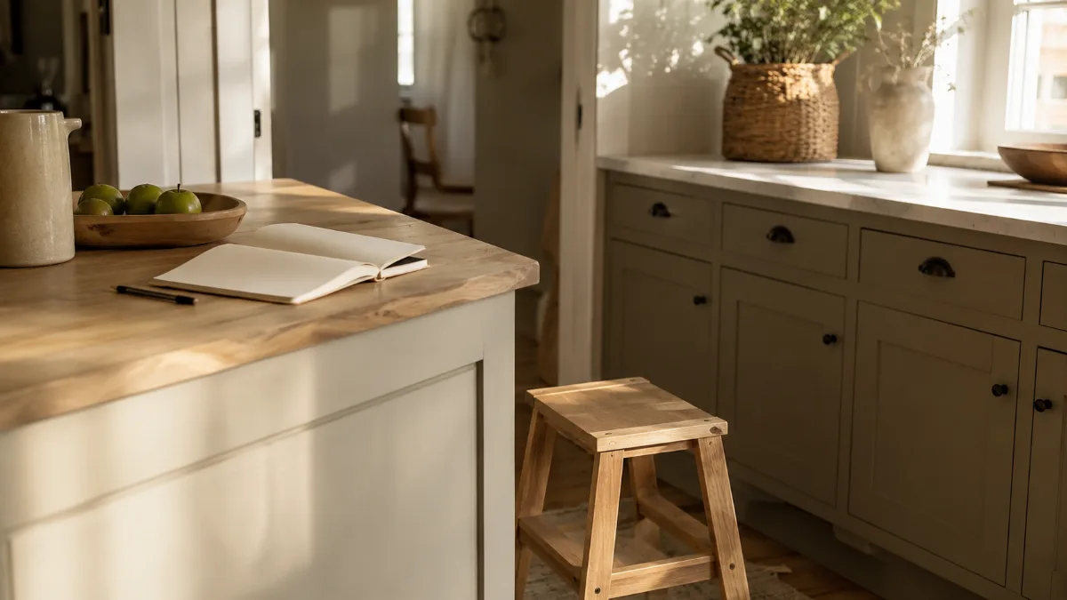 Calm family kitchen corner with a small step stool