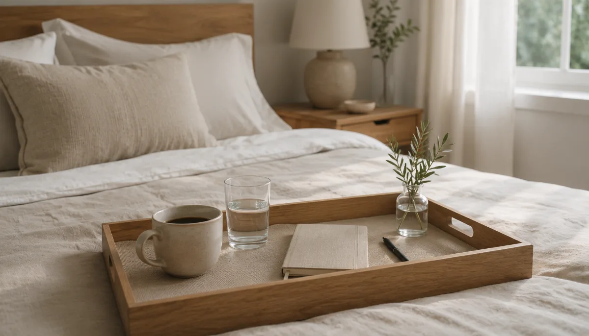 Simple morning tray with coffee, water and a small journal