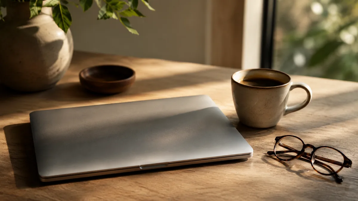 Clean desk with one closed laptop and a cup of coffee