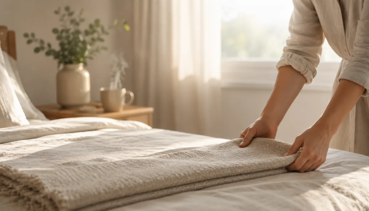 Serene bedroom corner with a soft throw folded at the foot of the bed