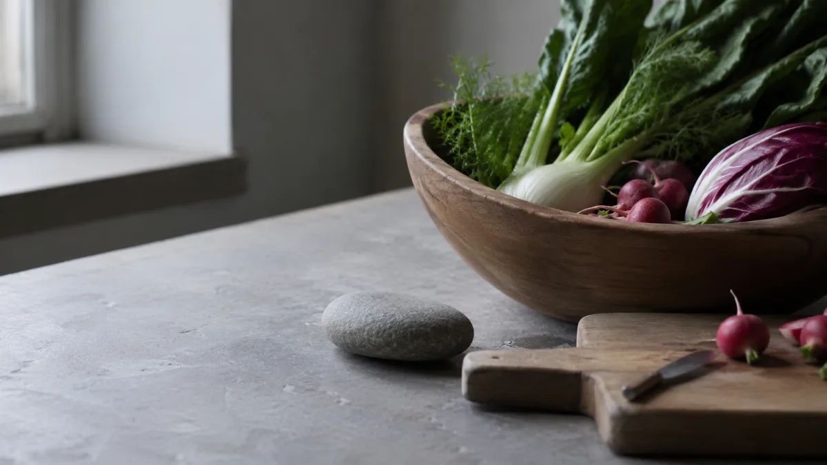 Wooden bowl of vegetables beside a chopping board