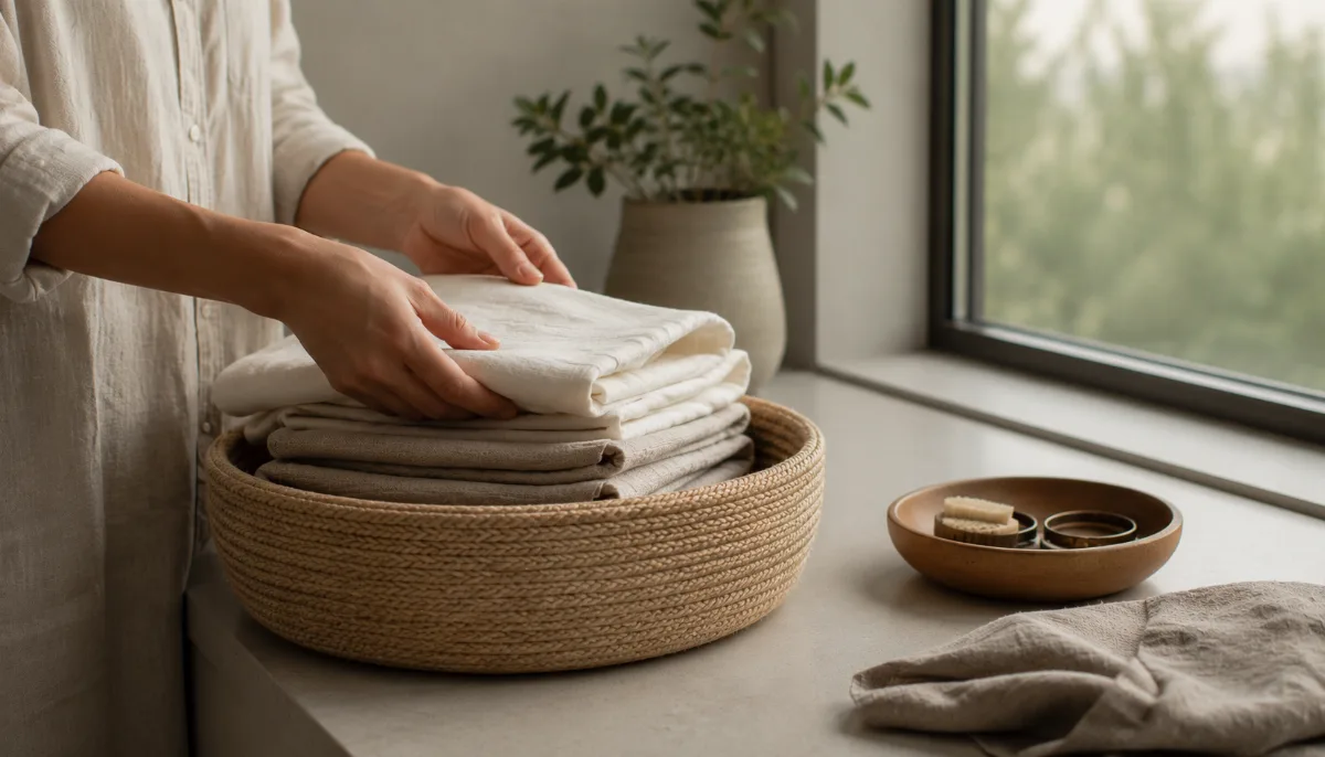 Folded laundry stacked in a woven basket by a window