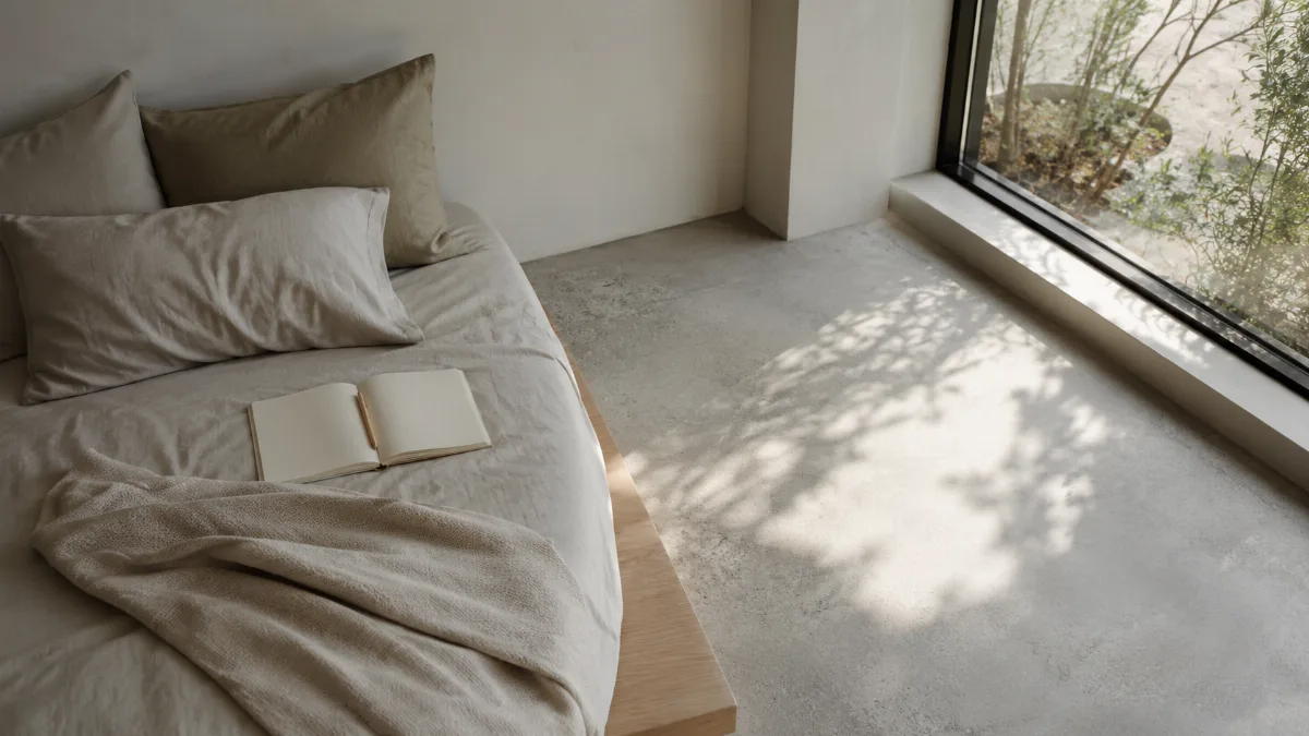 Low platform bed with crisp neutral sheets beside a bare window