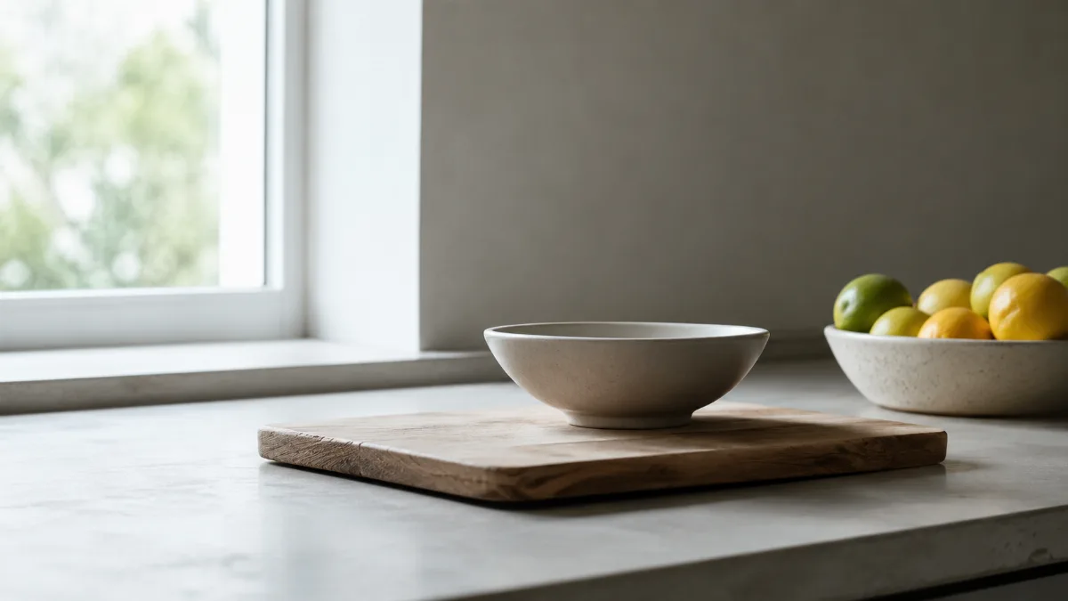 Clean countertop with nothing but a board and a bowl
