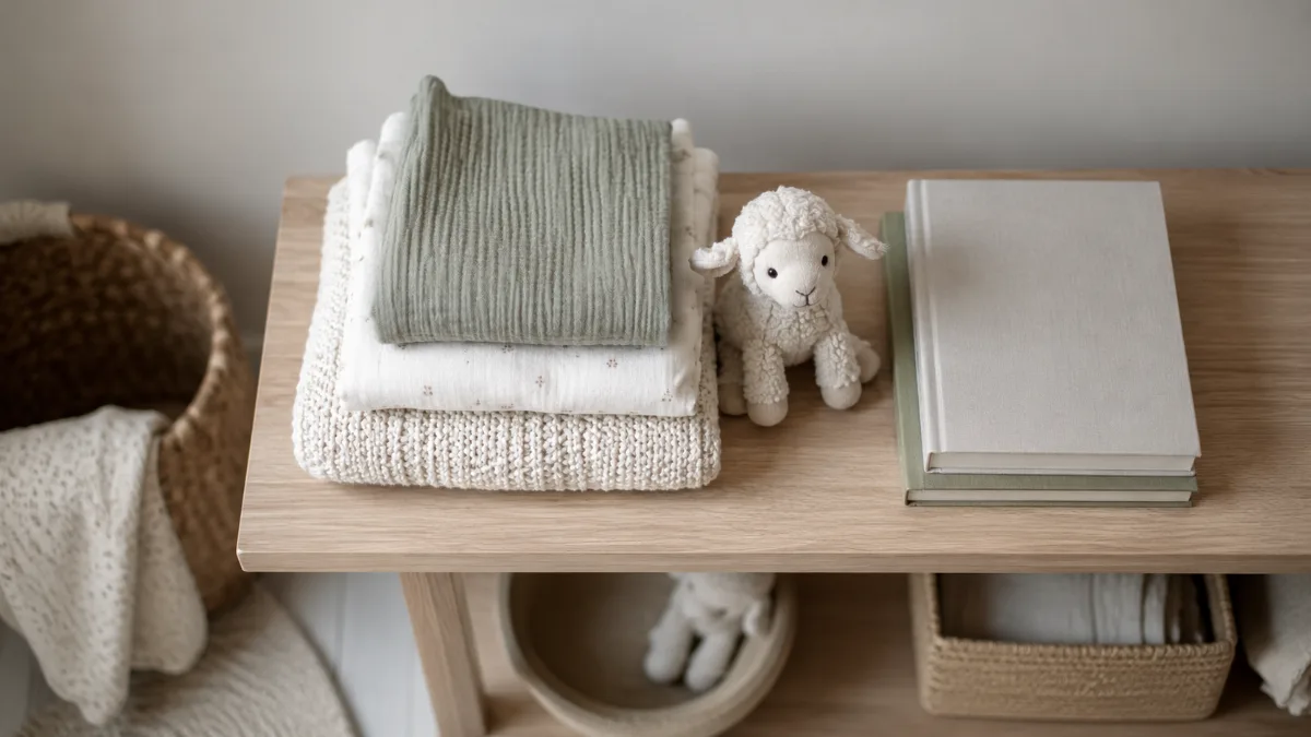 Simple nursery shelf with folded blankets and a small toy
