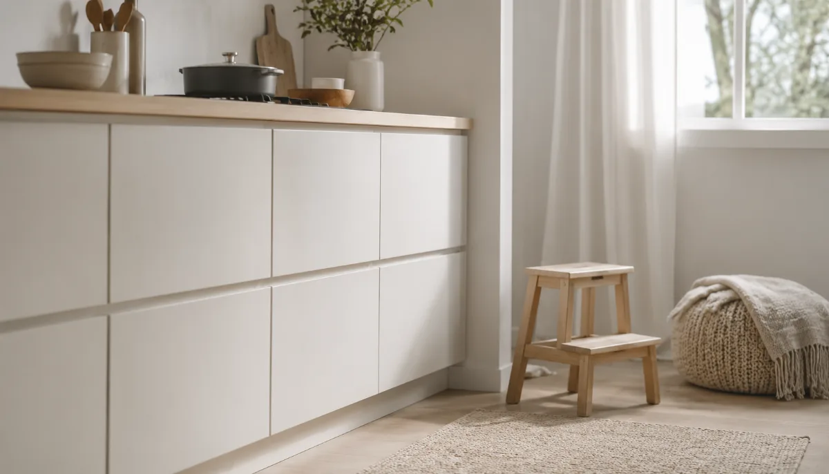 Calm family kitchen corner with a small step stool