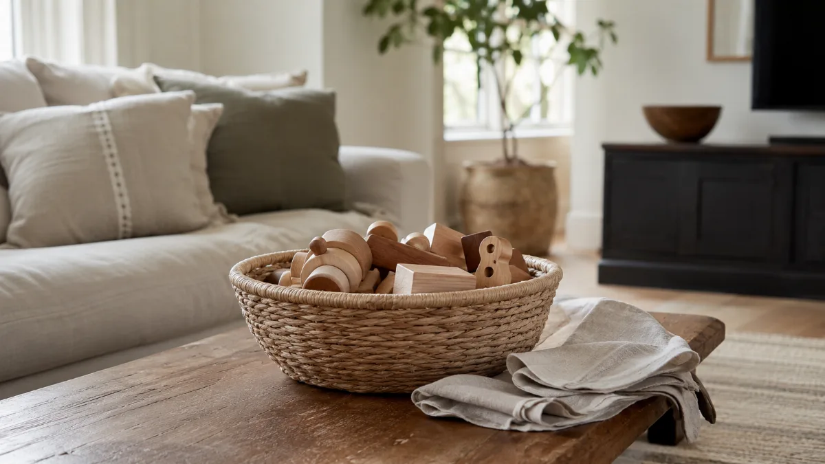 Tidy family room with a basket of wooden toys