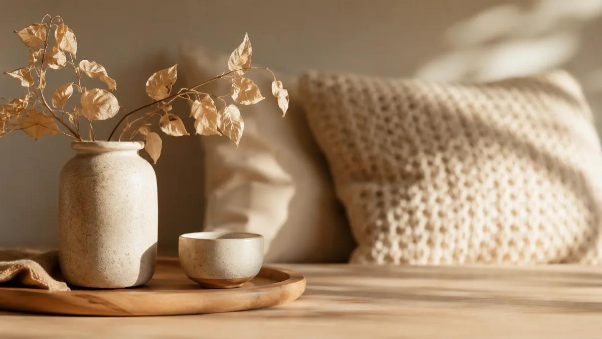 Serene styled vignette with neutral tones and soft daylight
