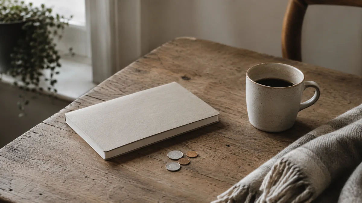 Kitchen table with a plain notebook, a few coins and a cup of coffee