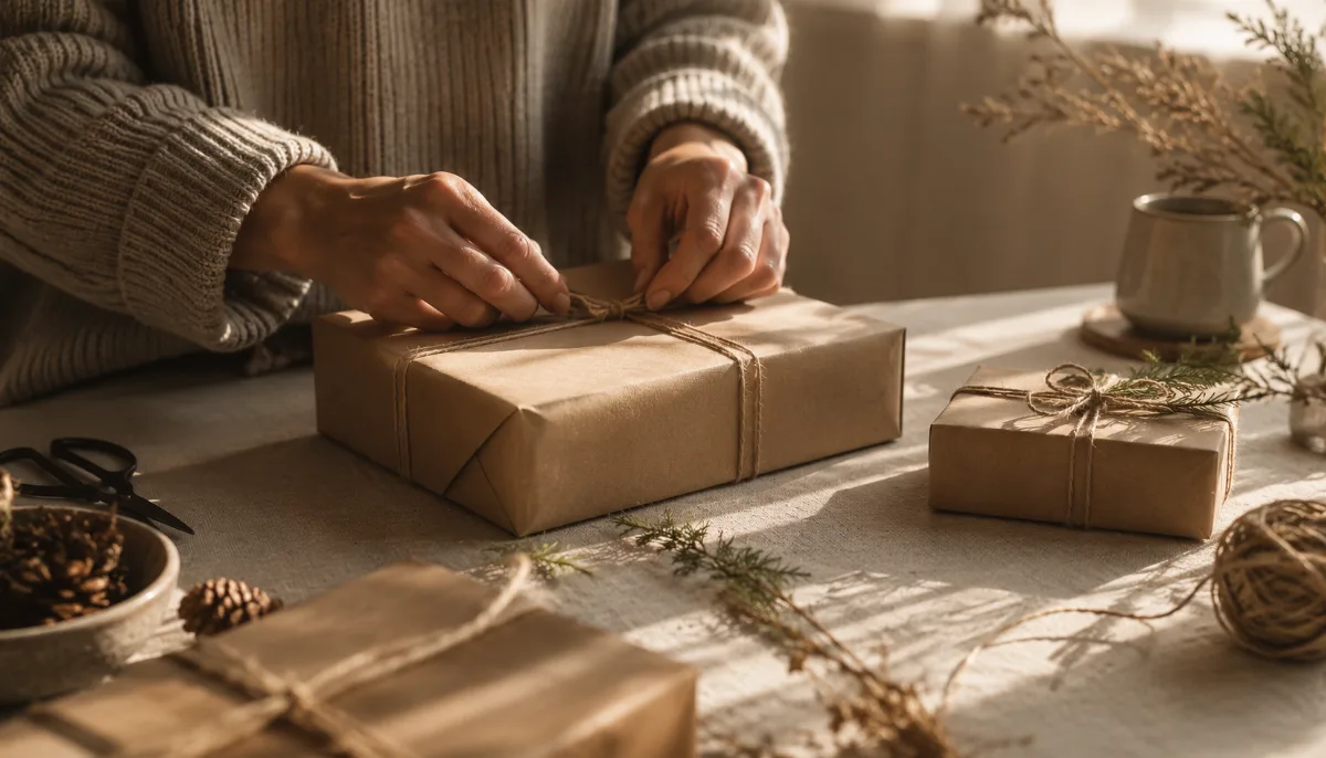 Simply wrapped gifts in plain kraft paper with natural twine on a table