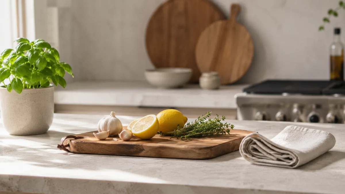 Calm kitchen counter with fresh simple ingredients on a wooden board