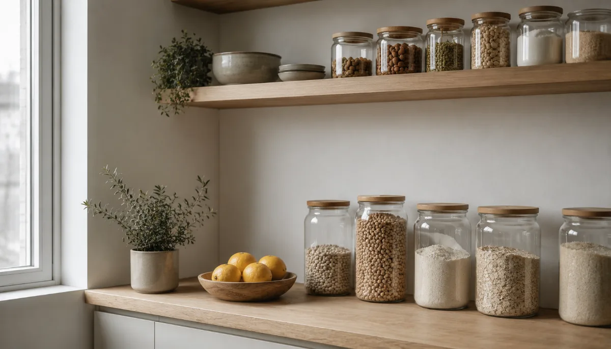 Minimalist pantry shelf with glass jars of staples