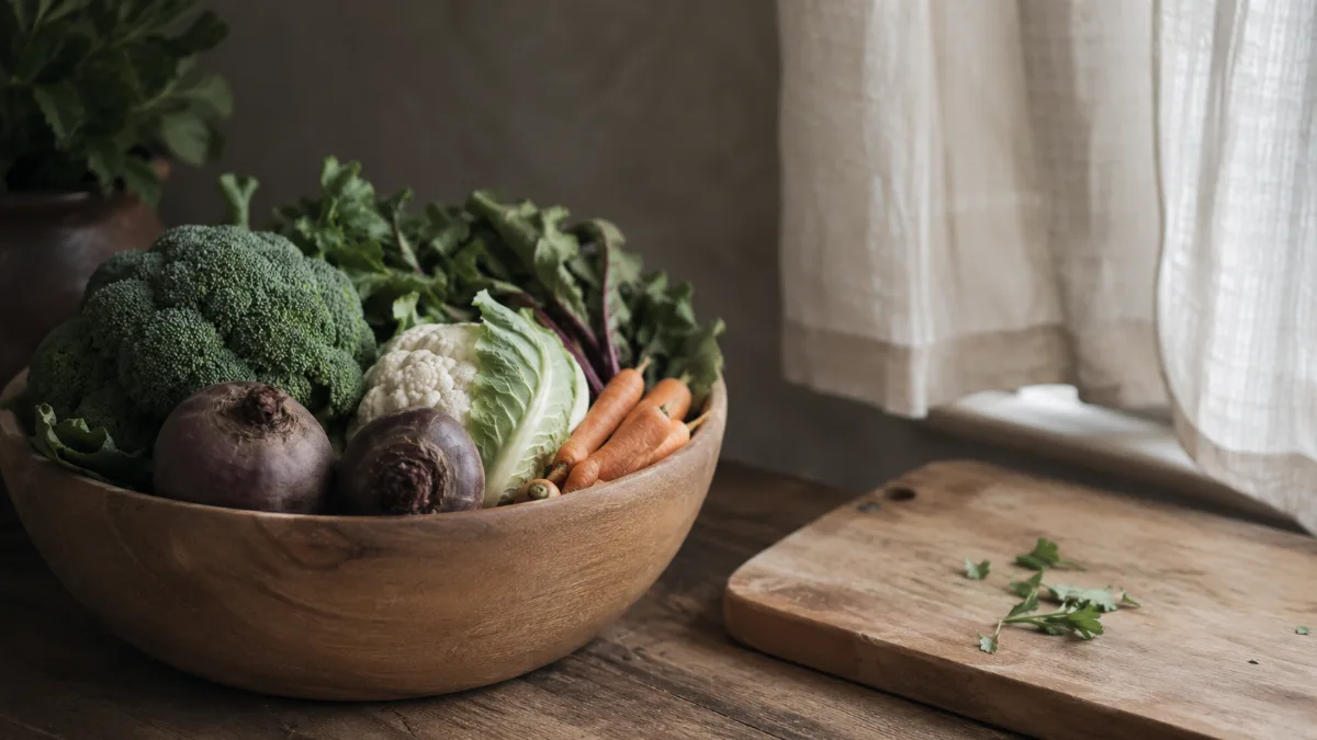 Wooden bowl of vegetables beside a chopping board