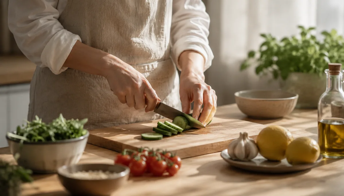 Simple kitchen counter with fresh ingredients and a wooden board