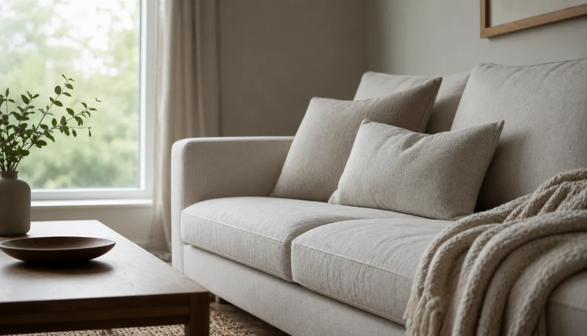 Serene living room with a neutral sofa and soft daylight