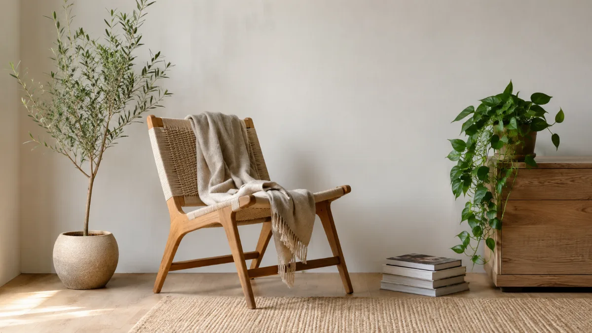 Minimalist seating corner with a single plant and a throw