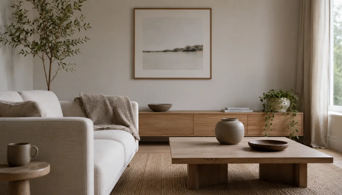 Calm, uncluttered living space with simple low furniture
