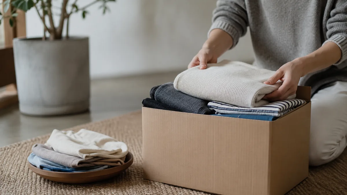Donation box being filled with folded clothes on the floor