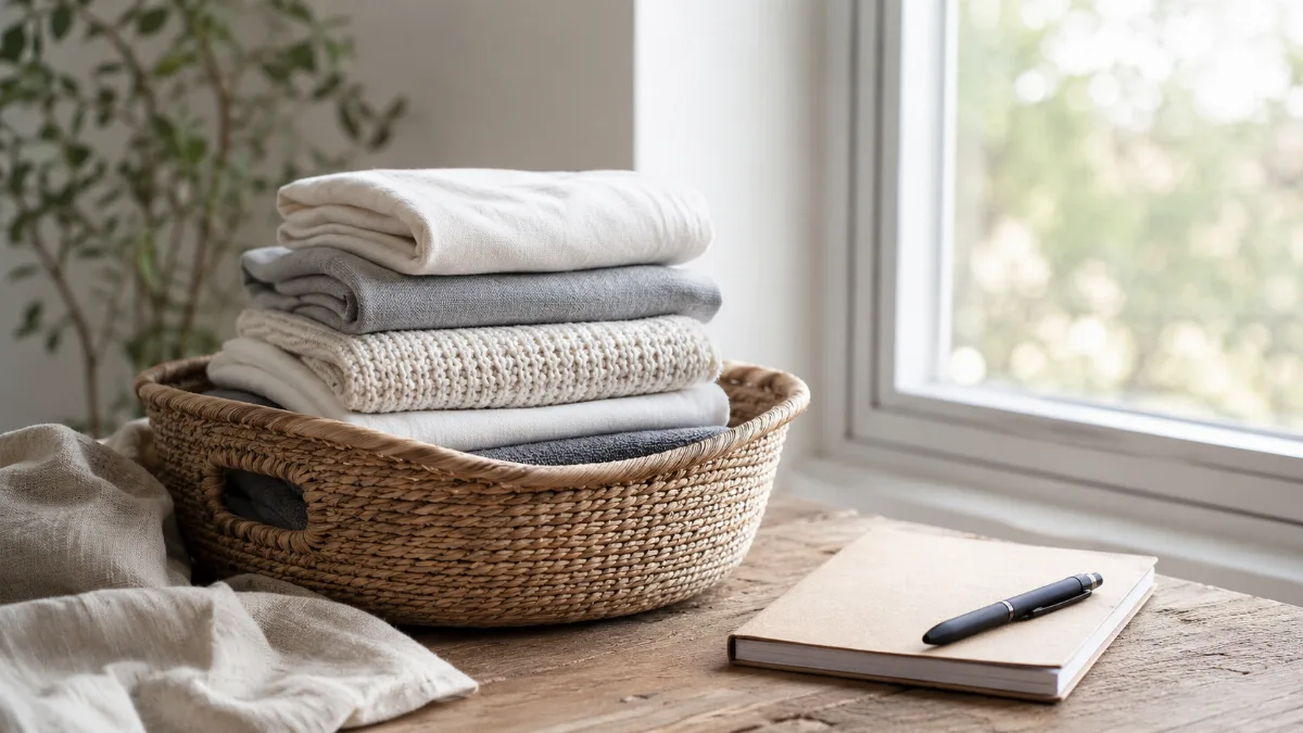 Folded laundry stacked in a woven basket by a window