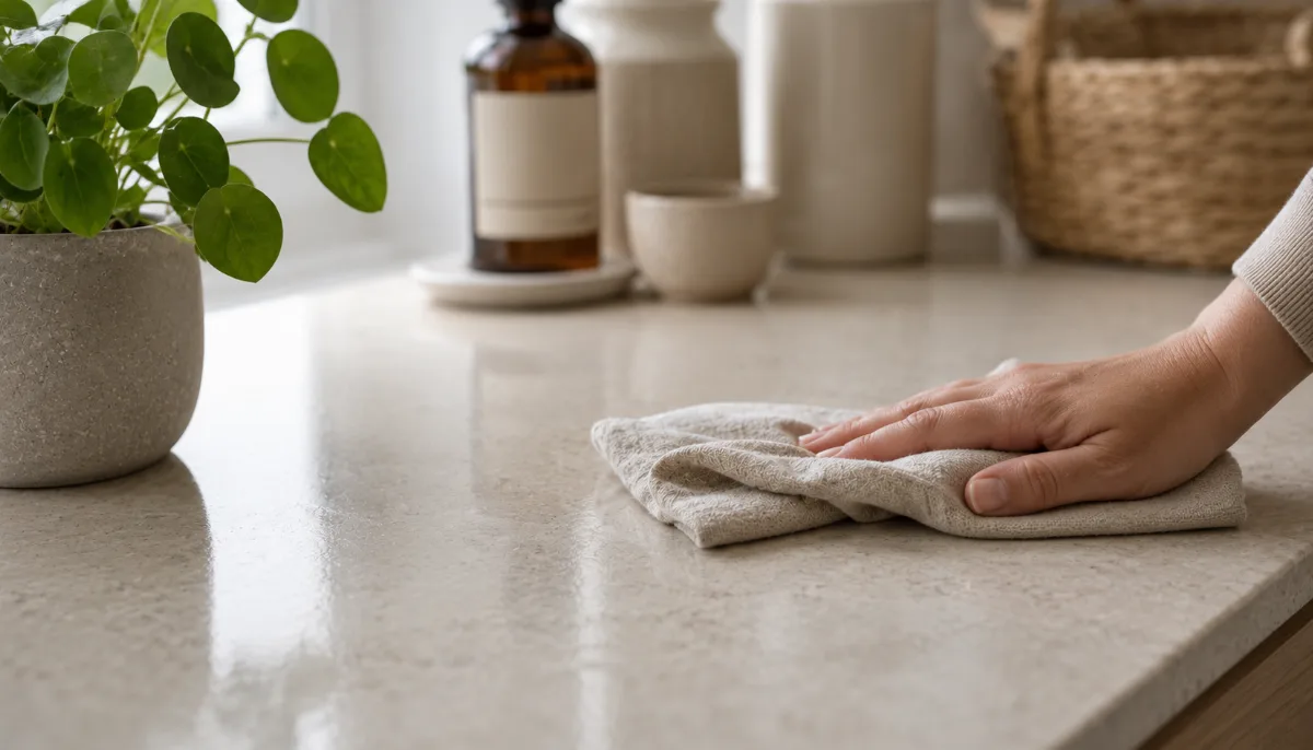 Freshly wiped kitchen counter with a cloth and a small plant