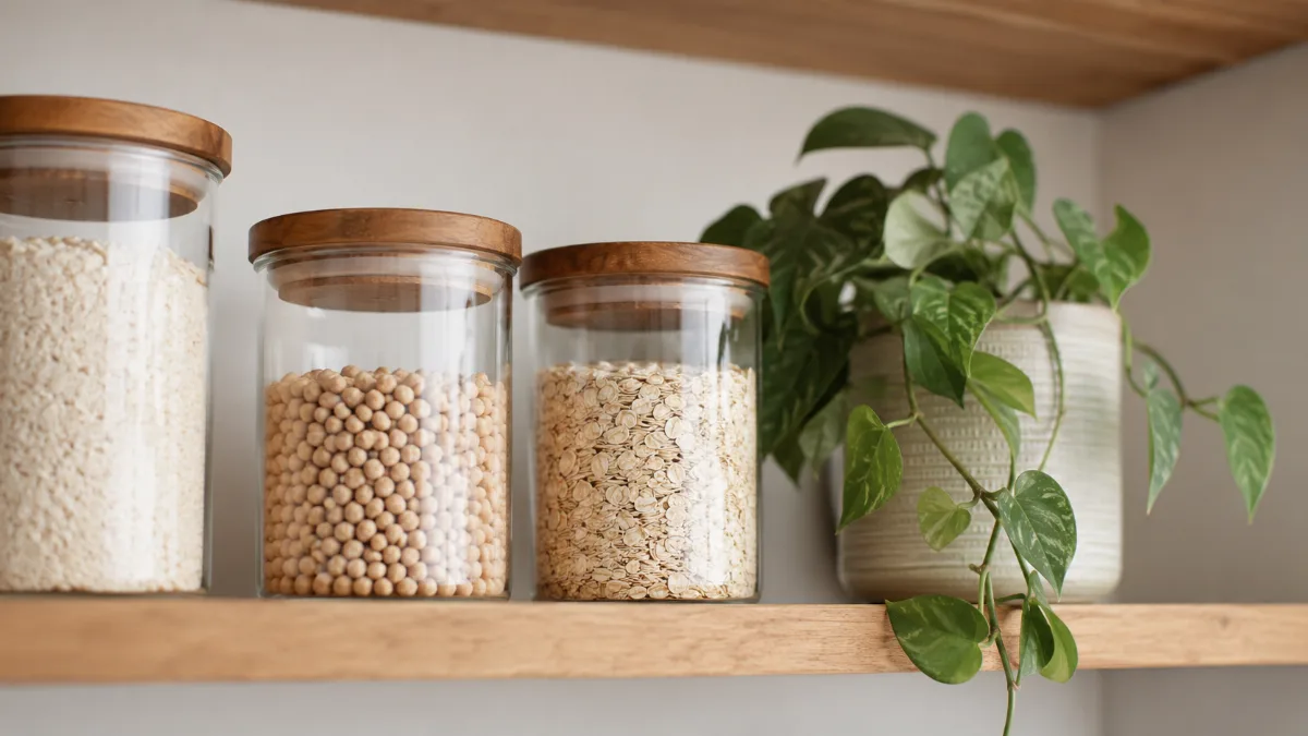 Minimalist pantry shelf with glass jars of staples