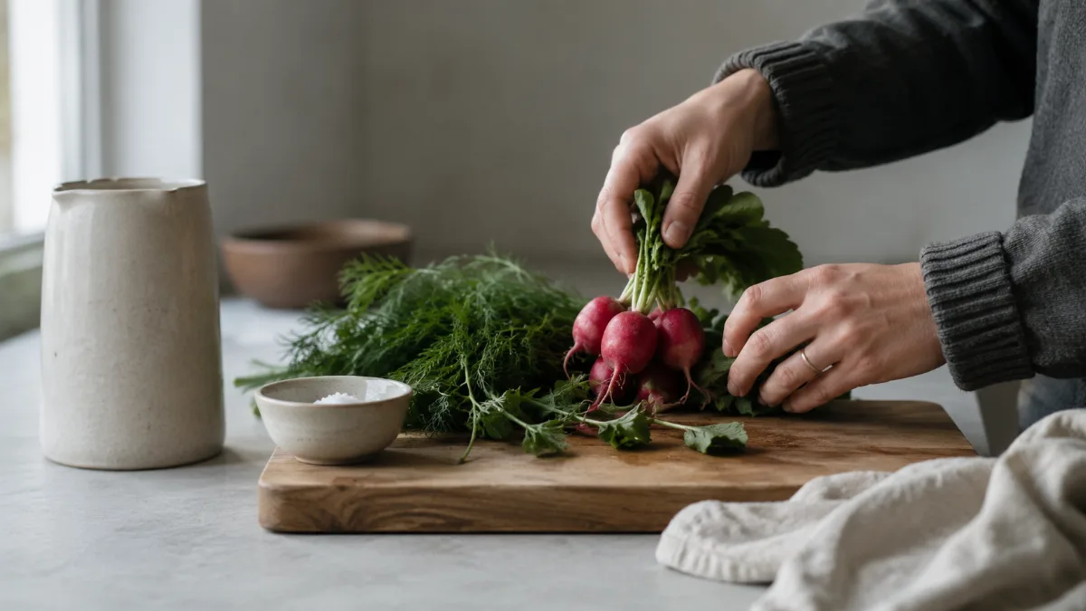 Calm kitchen counter with fresh simple ingredients on a wooden board