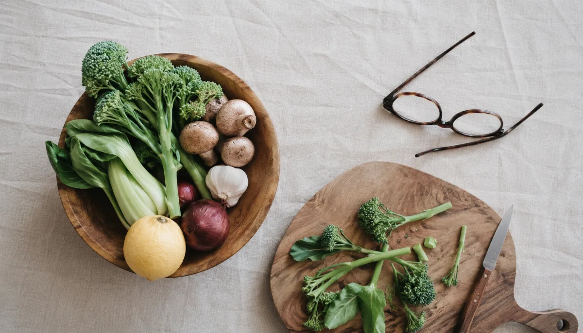 Wooden bowl of vegetables beside a chopping board