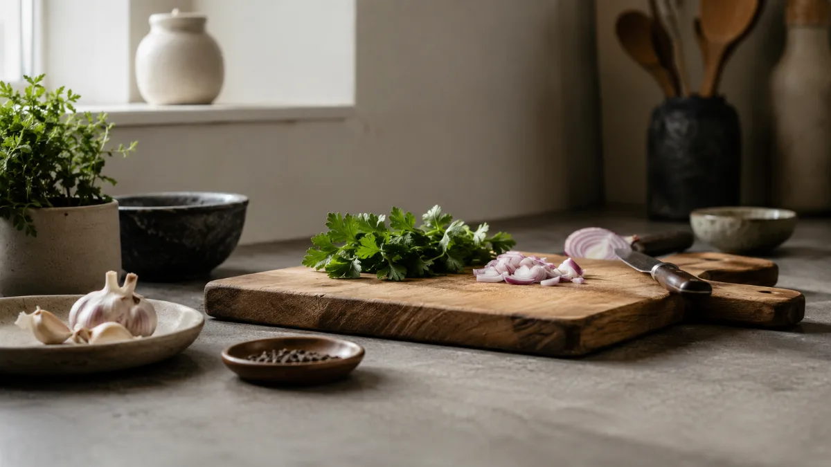 Simple kitchen counter with fresh ingredients and a wooden board