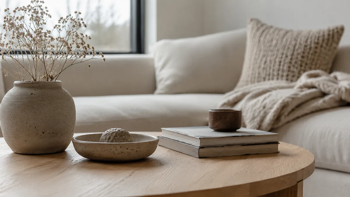 Serene styled vignette with neutral tones and soft daylight