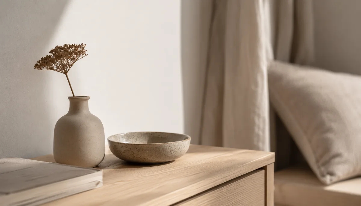 Calm minimalist interior with natural light and a few simple objects
